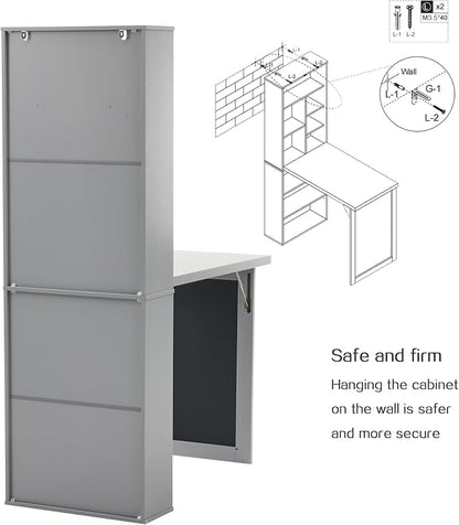 Folding Desk with Storage,Foldable Convertible Writing table with Blackboard and Shelves,Wall Mount Fold Out Table Cabinet , Space-Saving Murphy Desk for Multi-Function Home Office Workstation (Grey)
