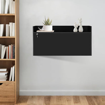 Wall Mounted Desk Multifunctional Fold Down Laptop Computer Table Writing Workstation with Storage Compartments Space Saving for Home Office (Black)