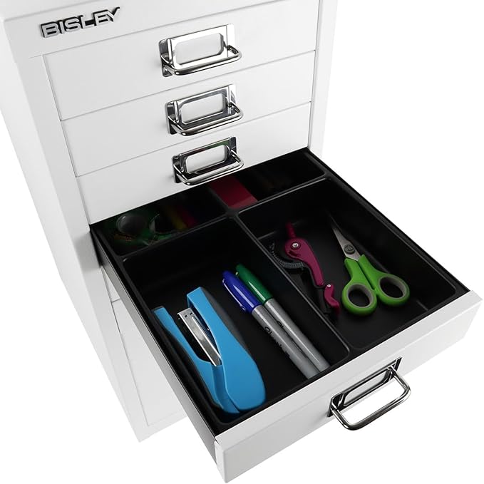Bisley 10-Drawer Steel MultiDrawer Cabinet - Traffic White | Chrome Pull Handles with Label Holders, Powder-Coated Steel, Removable Drawers, Fits Under Most Desks, Labels Included