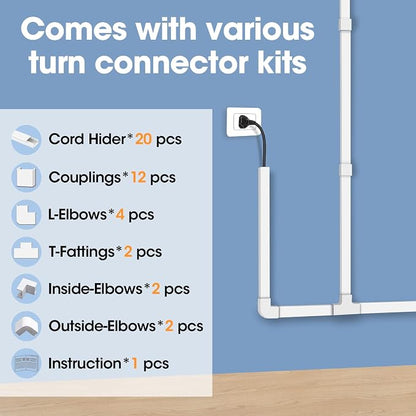 315in Cord Hider Kit, Cord Covers for Wires on Wall, Cord Hider for Wall Mount tv, tv Cable Hider Wall kit, Paintable Cable Raceway, Wire Covers for Cords, 20X L15.7in X W0.59in X H0.4in, White