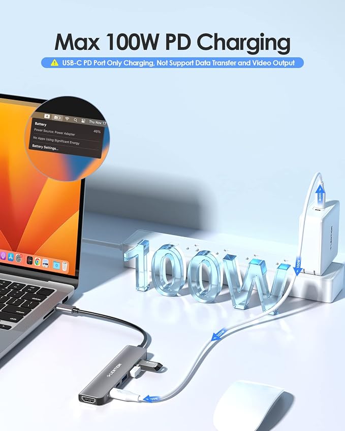 LENTION 6-in-1 USB C Hub, 4K@60Hz HDMI, 100W PD, 3 USB 3.0, USB-C Data | Ideal for Work & Study, Stable Driver 3.0 Adapter, Compatible with macOS, iOS/iPadOS, Windows & ChromeOS (CE35p, Space Gray)