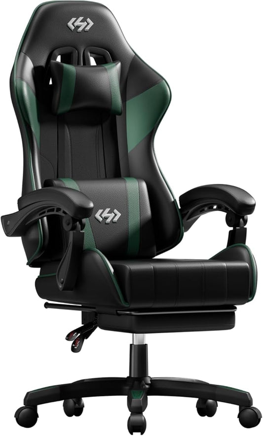 HLDIRECT Gaming Chair, Ergonomic Computer Office Chair with Lumbar Support Footrest Headrest, Adjustable Height & Backrest Angle Video Gamer Chair, PU Leather, 360° Swivel, Adult (Black&Green)