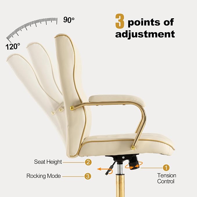 Beige and Gold Office Desk Chair,Conference Room Chairs,Mid Back Vintage Executive Leather Chair,Ergonomic Computer Swivel Chair with Rocking Function and Padded Arms,Adjustable Height