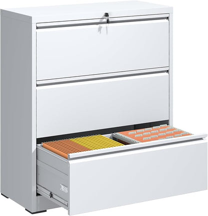 File Cabinets 3 Drawer,Metal Office Storage Filing Cabinet with Lock,White Lateral Filing Cabinet for Home Office,Horizontal Locking File Cabinets for Legal/Letter/A4 Files,Assembly Required