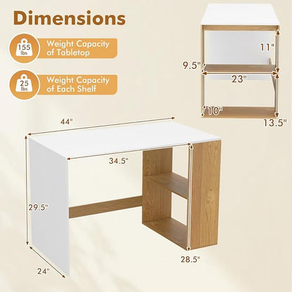 Tangkula Computer Desk, 44" Home Office Desk with 2-Tier Bookshelf, Study Writing Desk, Wooden Laptop Desk for Small Space, PC Workstation for Bedroom & Living Room (White & Natural)