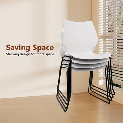 KLASIKA Stackable Waiting Room Chair, Stacking Office Chair with Ergonomic Lumbar Support and Metal Legs, Plastic Desk Chairs for Conference School Church Guest Reception Set of 4, White