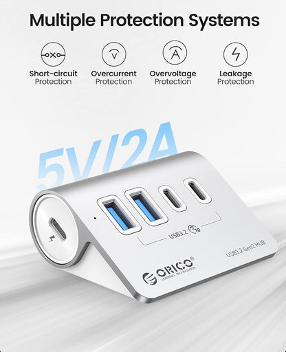 ORICO 4-Port USB 3.2 Gen2 Hub, Desktop USB 3.2 Hub with 2 USB-A, 2 USB-C, 5V 3A Power Supply Port, 10Gbps Aluminium USB-Splitter with 1.64Ft USB-C to USB-A/C Cable for iMac, MacBooks, Mac mini