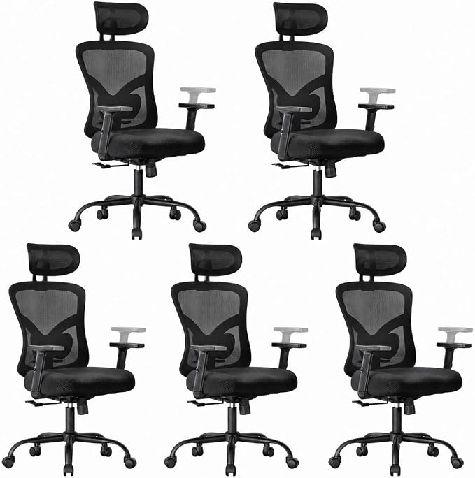 Marsail Ergonomic Office Chair Ergonomic Gaming Chair with Lumbar Support, 2D Headrest, Adjustable Armrests, Contoured Seat Cushion, Computer Desk Chair with Wheels for Home and Office, Pack of 5