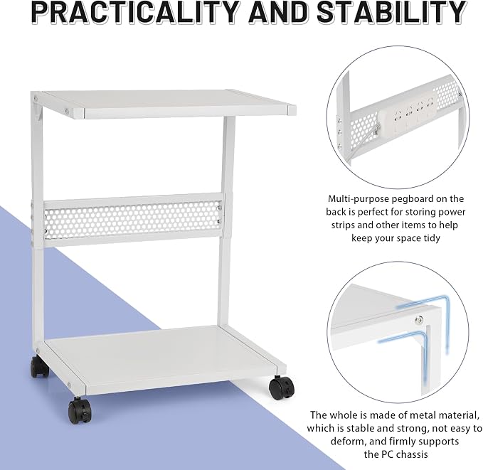 Bfttlity PC Stand Computer Tower Stand 2-Tier Metal CPU Holder with Locking Caster Wheels Suitable for Most PC (S, White)
