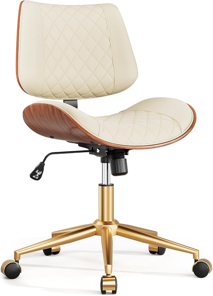 Home Office Desk Chair with Swivel Wheels, Modern PU Leather Armless Office Chair, Small Mid Back Computer Chair for Home Office, Reading Meeting Room (Beige, Gold Wheels)