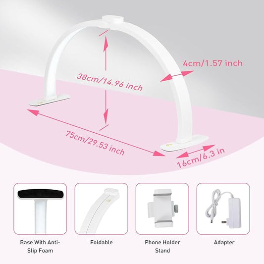 HITTI 29in Half Moon Light for Nail Desk, Foldable, 3 Color Modes & 10 Brightness, Phone Stand, Arch LED Nail Tech Table Lamp for Manicure Salon, Handicraft, Art, Eyelash Extension - White