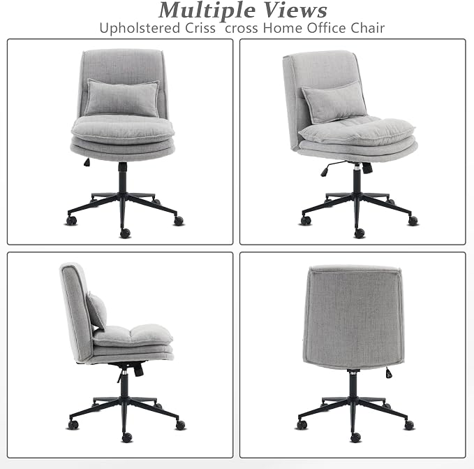 VINGLI Cloud Criss Cross Legged Chair,18" High Back Armless Home Office Desk Chair with Wheels,Wide Adjustable Comfy Padded Seat Task Computer Chair,Modern Swivel Makeup Vanity Chair,Fabric,Grey