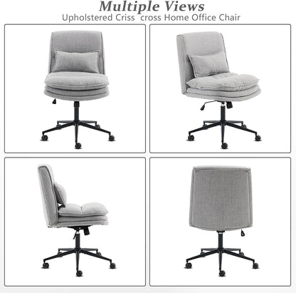 VINGLI Cloud Criss Cross Legged Chair,18" High Back Armless Home Office Desk Chair with Wheels,Wide Adjustable Comfy Padded Seat Task Computer Chair,Modern Swivel Makeup Vanity Chair,Fabric,Grey