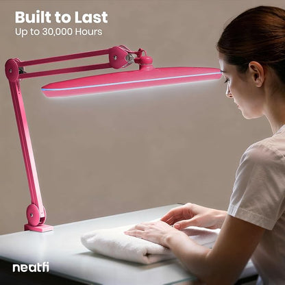 Neatfi XL 2,200 Lumens 24W LED Desk Lamp – 23” Wide Shade | Dimmable Eye-Caring Task Light | Adjustable Arm | Home Office, Study, Crafts & Nail Tech (Pink, Non-CCT with Clamp)
