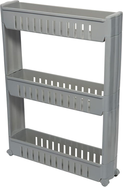Simplify 3 Tier Slim Slide Out Storage Cart | Multi-Purpose Organization | Rolling | Wheels | Small Space | Laundry Room | Kitchen | Bathroom | Office | Grey