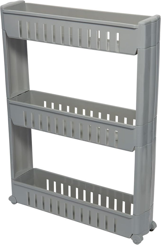 Simplify 3 Tier Slim Slide Out Storage Cart | Multi-Purpose Organization | Rolling | Wheels | Small Space | Laundry Room | Kitchen | Bathroom | Office | Grey