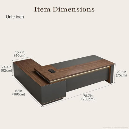 79" Reversible L-Shaped Executive Desk with Locking Drawers, Large Office Desk for Manager Office, Power Outlet, USB Ports, Storage Shelves, Privacy Panel and LED Light, Walnut Gray