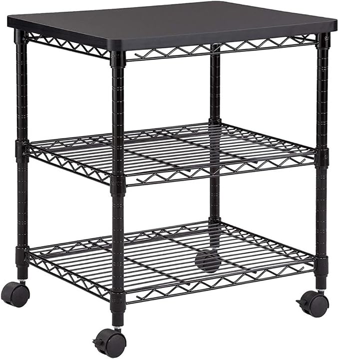 Safco Deskside 3 Tier Rolling Cart Printer Stand, Mobile Utility Table for Home Office with Steel Shelves, Black