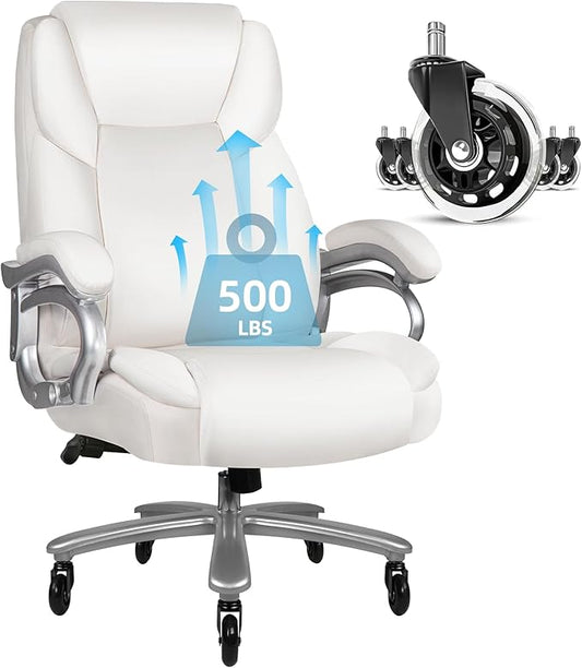 VITESSE 500lbs Heavy Duty Office Chair for Low Back Pain Relief, Big and Tall Office Chair with Ergonomic Lumbar Support, High Back Executive Chair with Quiet Rubber Wheel（White）