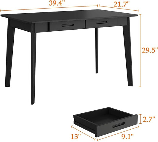 Timechee 40 Inch Compact Computer Gaming Desk, Black Study Work Office Desk with 2 Storage Drawers, Rectangular Study Reading Table, Simple Computer Writing Table for Home Office, Living Room