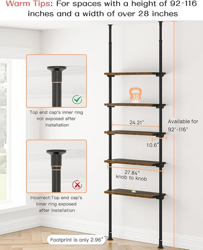 ALLZONE Adjustable Tall Narrow Bookshelf, 5-Tier Floor-to-Ceiling Tension Mount Ladder Book Shelf with Storage for Versatile Uses, Fits 92-116 Inch Ceilings, 27.84-Inch Wide Wood Shelves, Rustic Brown