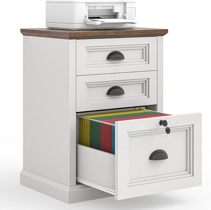 Halitaa Vertical File Cabinet, Filing Cabinet with 3 File Drawers & Lock, Farmhouse Small File Cabinet Fits Letter/A4 Size, Wooden Printer Stand, Home Office Cabinet, White