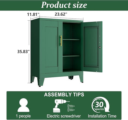 Green Metal Storage Cabinet, 36" Tall Locking Storage Cabinet with 2 Adjustable Shelves, Steel Locker Organizer, for Office, Home, School, 11.81" D x 23.62" W x 35.83" H