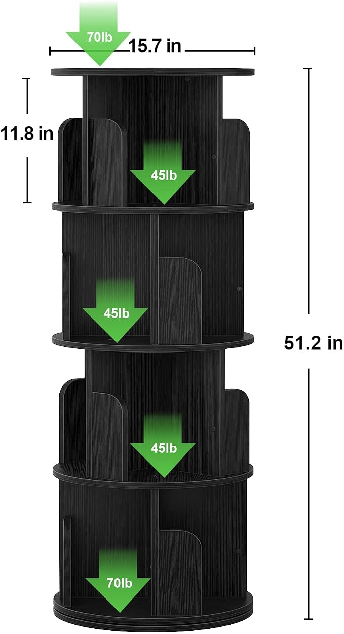 Aheaplus Rotating Bookshelf, 360 Revolving Bookshelf Tower for Small Space, 4 Tier Floor Standing Bookcase Storage Rack, Wood Narrow Book Shelf Organizer for Bedroom, Living Room, Study Room, Black