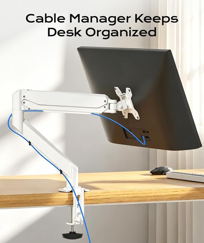 Pholiten Single Monitor Mount, Fully Adjustable Gas Spring Single Monitor Arm for up to 32 inch Screens, Computer Monitor Stand for Desk Holds up to 24lb, VESA 75/100mm, White