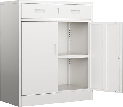 BESFUR Metal Garage Storage Cabinet with One Lockable Drawer 2 Locking Doors and an Adjustable Shelf, 36" White Metal Short Storage Cabinet for Home Office, Garage,School,Utility Room