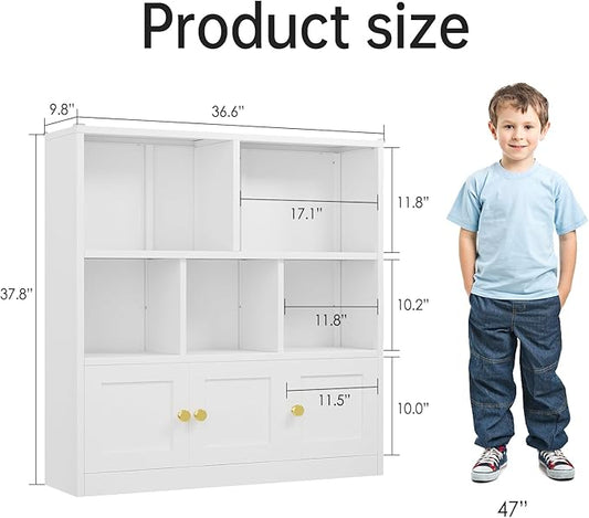 erosoei Kids Bookshelf and Toy Storage Organizer with 3 Cabinet and 5 Open Cubbies，Kids Toys Storage Organizer Shelf with Corner Guard，Multifunctional Floor Chest for Playroom and Kid's Room（White）