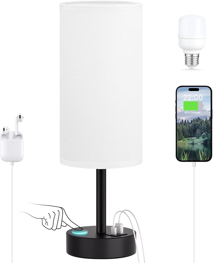 Dicoool White Touch Table Lamp with USB - 3 Way Dimmable Bedside Lamp for Nightstand, Bedroom Lamp with Black Charging Station for Desk, Office, Kids Room, Dorm, Small