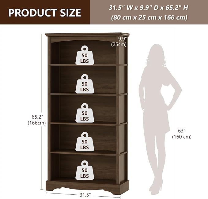 TVU 5-Tier Wooden Bookshelf, 31.5" W x 65" H ×9.9" D Bookshelf with Storage, Floor Standing Modern Style Display Bookcase for Living Room, Office, Study Room, Entryway, Brown