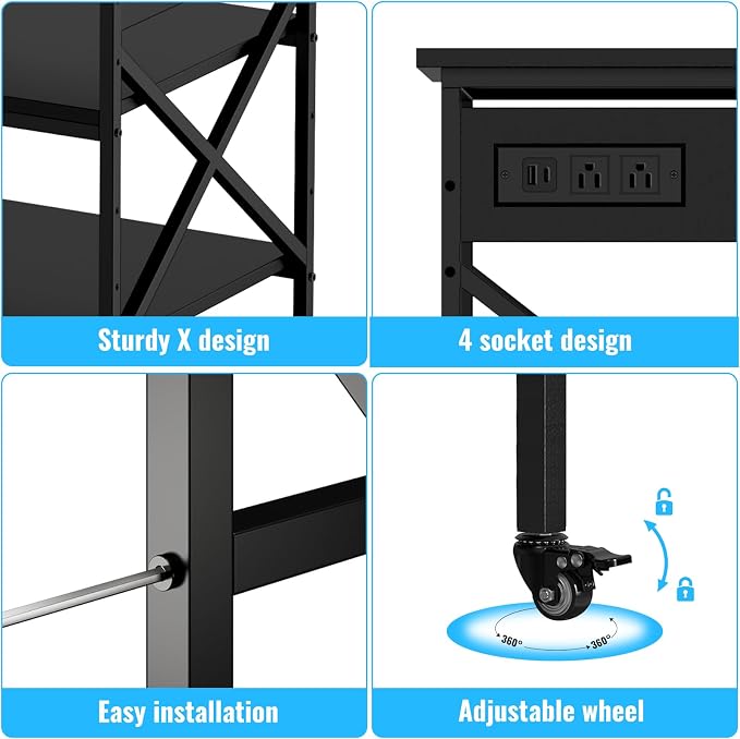 Black 3 Tier Mobile Printer Stand Large Rolling Storage Cart | Built in power outlet ample storage space locking casters overall size 23.6 x 23.6 x 30 inches for home office organization