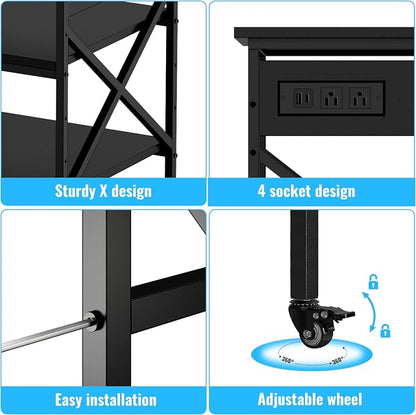 Black 3 Tier Mobile Printer Stand Large Rolling Storage Cart | Built in power outlet ample storage space locking casters overall size 23.6 x 23.6 x 30 inches for home office organization