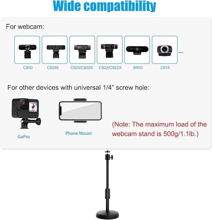 Webcam Stand, 22 Inch Height Adjustable Webcam Mount Computer Camera Stand for Desk Web Cam Stands Arm Holder for Logitech webcams C920 C922 C925e C922x C930e C930 C615 Brio