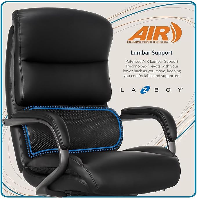 La-Z-Boy Aberdeen Ergonomic Executive Office Chair, Bonded Leather, Swivel, Reclines, Adjustable Arms, Lumbar Support, Black