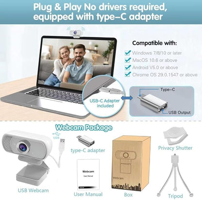 usb c webcam 1080P Webcam,Live Streaming Web Camera with Stereo Microphone, Desktop or Laptop USB Web 110 Degree View Angle, HD Web cam for Switch 2,Video Calling, Recording, Conferencing, Gaming