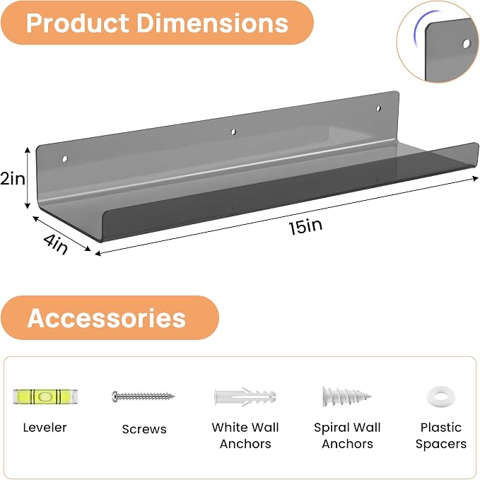 upsimples Acrylic Shelves for Wall Decor, 15" Display Shelf Perfume Organizer for Bathroom, Bedroom, Living Room, Floating Bookshelves for Kids, Clear Black, 4 Pack