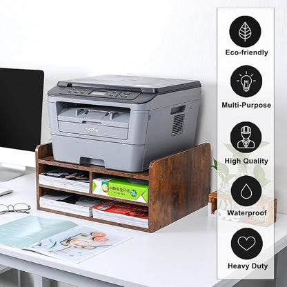 PAG 3 Tier Desktop Printer Stand with Storage, Paper Storage Holder Rack for Desk, Wooden Printer Organization for Home/Office, Antique Brown