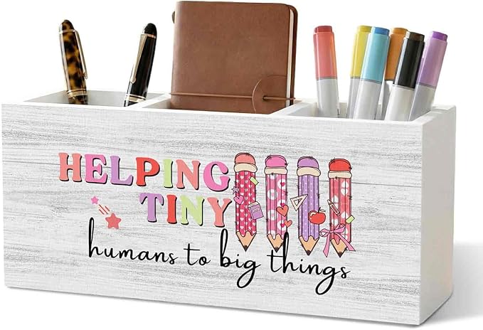 Teacher Pencil Pen Holder for Desk Organizer, Teacher Appreciation Gifts, Helping Tiny Humans to Big Things Wooden Box Decorations for Home Office Classroom Desk Tabletop Decor