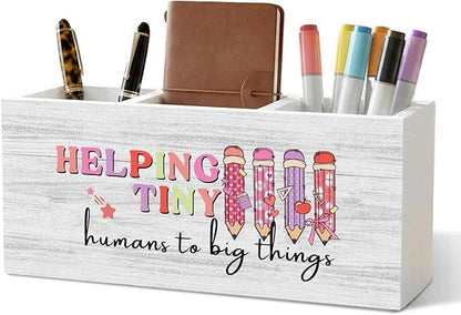 Teacher Pencil Pen Holder for Desk Organizer, Teacher Appreciation Gifts, Helping Tiny Humans to Big Things Wooden Box Decorations for Home Office Classroom Desk Tabletop Decor