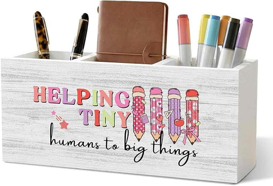 Teacher Pencil Pen Holder for Desk Organizer, Teacher Appreciation Gifts, Helping Tiny Humans to Big Things Wooden Box Decorations for Home Office Classroom Desk Tabletop Decor