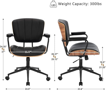 Mid Century Modern Office Chair, Fixed Back Rolling Desk Chair with Armrests and Walnut Back, Adjustable Height for Home Office, Black