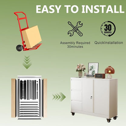 Mobile Large Lateral File Cabinet 3-Drawer,Home Office Rolling Filing Storage Cabinets with Lock & Wheels,Metal Printer Stand Office Storage A4,Letter Legal File Folders