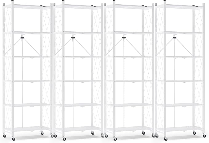 ALANNG 73.6 Inch Folding Bookshelf, 6 Tier Metal Bookcase and Bookshelves, Tall Shelves for Living Room Office Bedroom, Heavy Duty Book Shelve Free Standing Open (White, 4PACK)