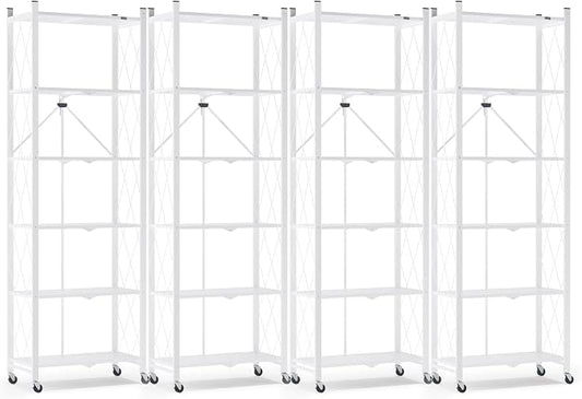 ALANNG 73.6 Inch Folding Bookshelf, 6 Tier Metal Bookcase and Bookshelves, Tall Shelves for Living Room Office Bedroom, Heavy Duty Book Shelve Free Standing Open (White, 4PACK)