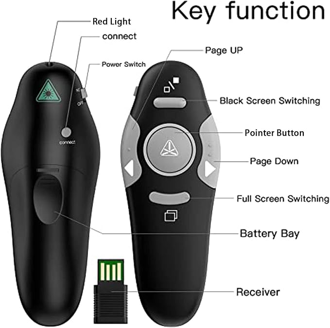 QUI Presentation Clicker Wireless Presenter Remote Clicker for PowerPoint Presentation Remote, PowerPoint Slide Advancer for Mac/Windows/Google Slide/Keynote, Black, A