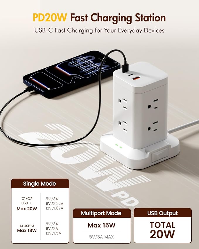2 Pack Power Strip Tower with Surge Protector 1800J, Fast Charging Tower PD20W USB-C Ports with 8 AC Outlets, 6ft Extension Cord for Home Office Dorm Room, White