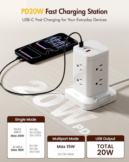 2 Pack Power Strip Tower with Surge Protector 1800J, Fast Charging Tower PD20W USB-C Ports with 8 AC Outlets, 6ft Extension Cord for Home Office Dorm Room, White
